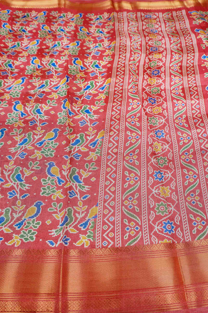 Red Chirpy Bird Digital Print Zari Border Fancy Cotton Saree