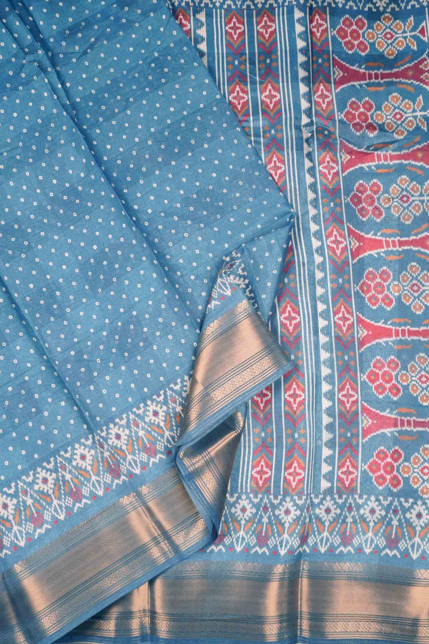 Blue Self Checks Bandhini Style Prints Fancy Cotton Saree