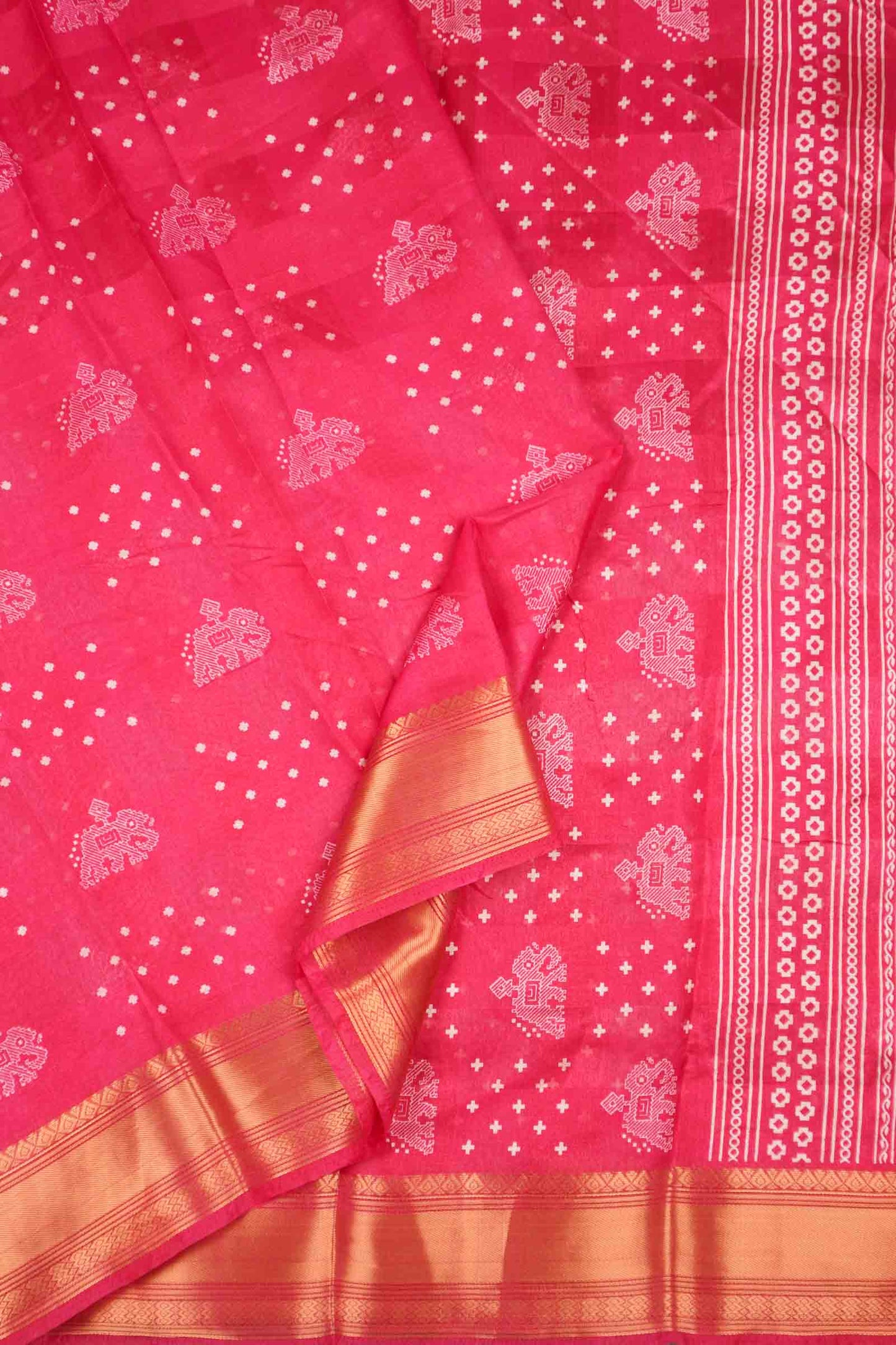 Hot Pink Elephant Prints Self Checks Zari Border Fancy Cotton Saree