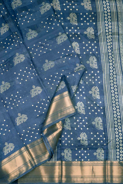 Navy Blue Elephant Prints Self Checks Zari Border Fancy Cotton Saree