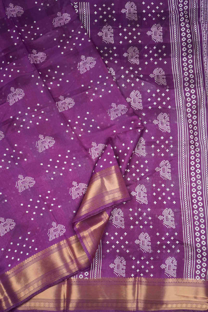 Dark Purple Elephant Prints Self Checks Zari Border Fancy Cotton Saree