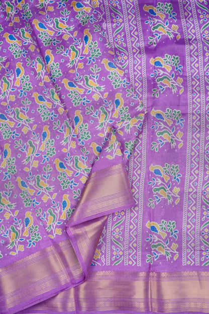 Dark Lavender Chirpy Bird Digital Print Zari Border Fancy Cotton Saree
