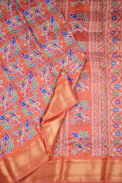 Orange Chirpy Bird Digital Print Zari Border Fancy Cotton Saree