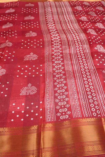 Maroon Elephant Prints Self Checks Zari Border Fancy Cotton Saree