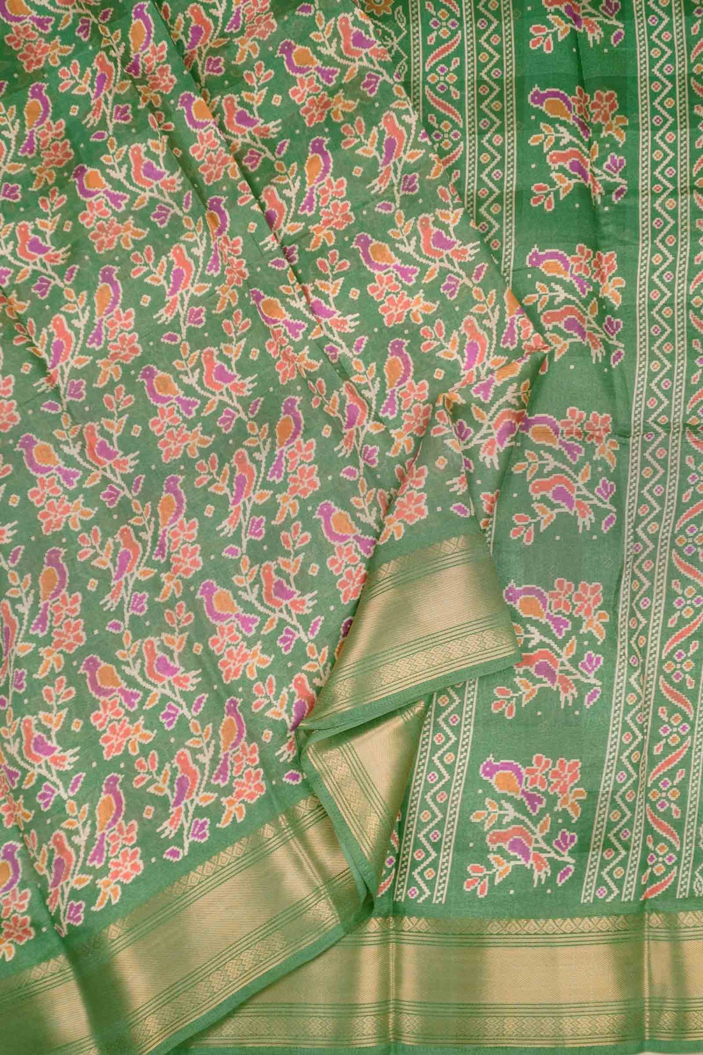 Green Chirpy Bird Digital Print Zari Border Fancy Cotton Saree