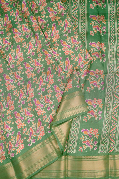 Green Chirpy Bird Digital Print Zari Border Fancy Cotton Saree
