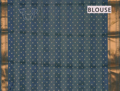 Navy Blue Elephant Prints Self Checks Zari Border Fancy Cotton Saree