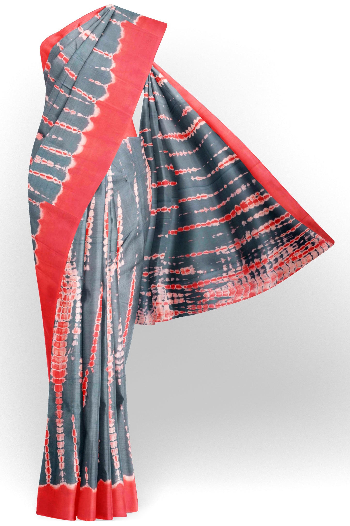 Grey on Orange Shibori Style Printed Jaipur Cotton Saree
