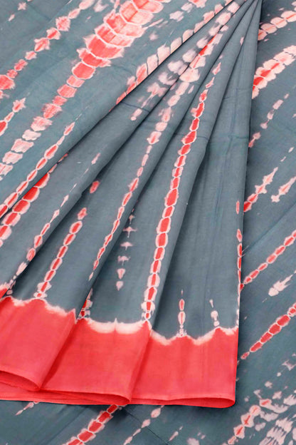 Grey on Orange Shibori Style Printed Jaipur Cotton Saree