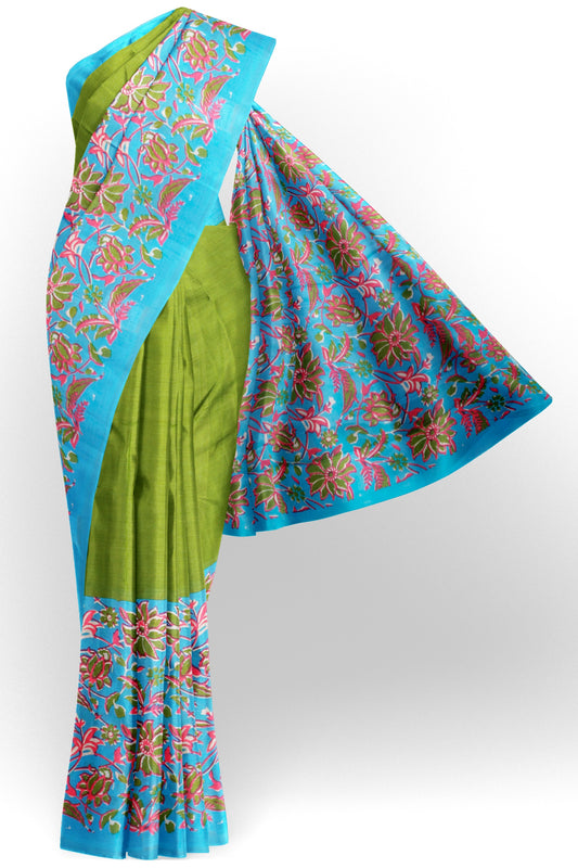 Green Garden Print Blue Border Jaipur Cotton Saree