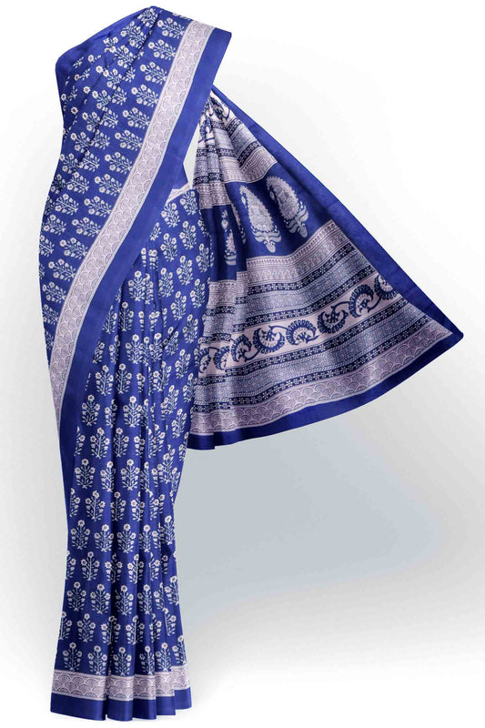 Midnight Blue Floral Print Jaipur Cotton Saree