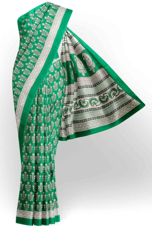 Parrot Green Jaipur Cotton Floral Hand Block Print Saree