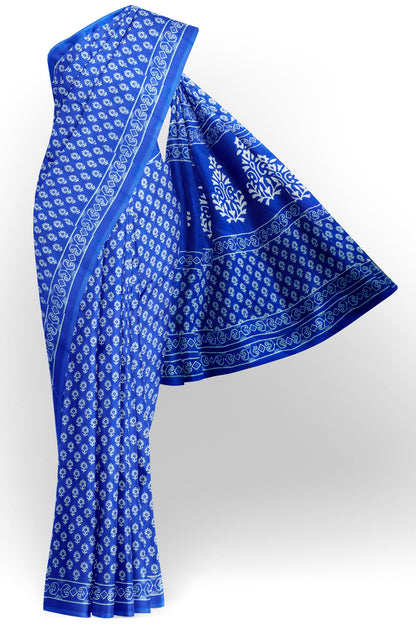Blue Floral Butta Designs Print Jaipur Cotton Saree