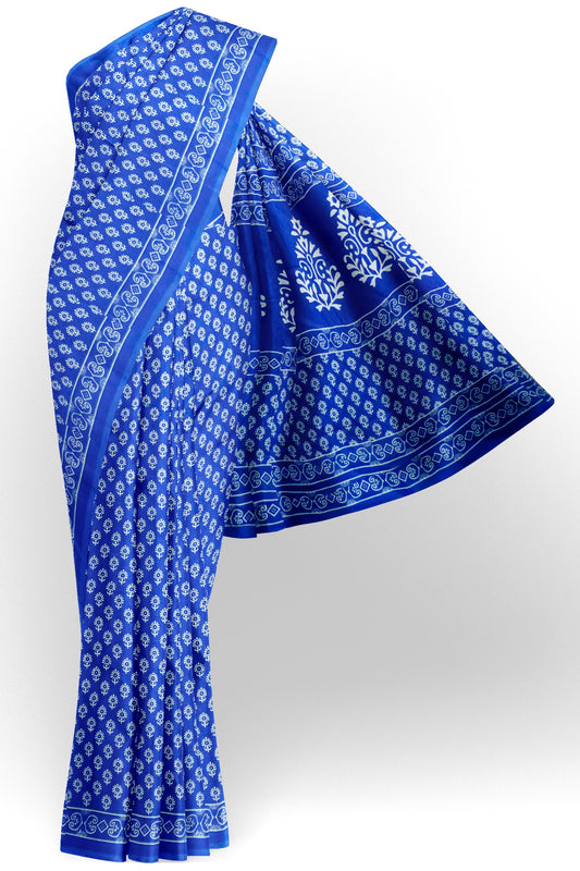 Blue Floral Butta Designs Print Jaipur Cotton Saree