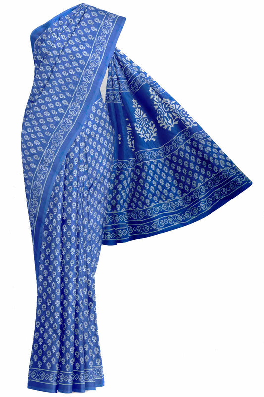 Blue Floral Butta Designs Print Jaipur Cotton Saree