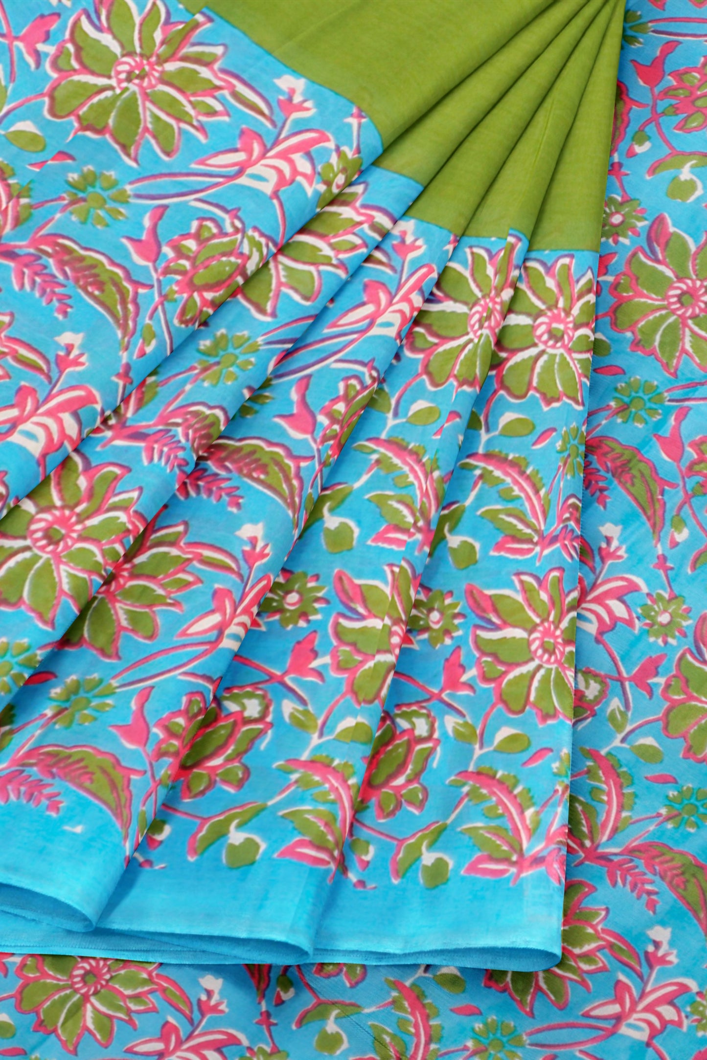 Green Garden Print Blue Border Jaipur Cotton Saree