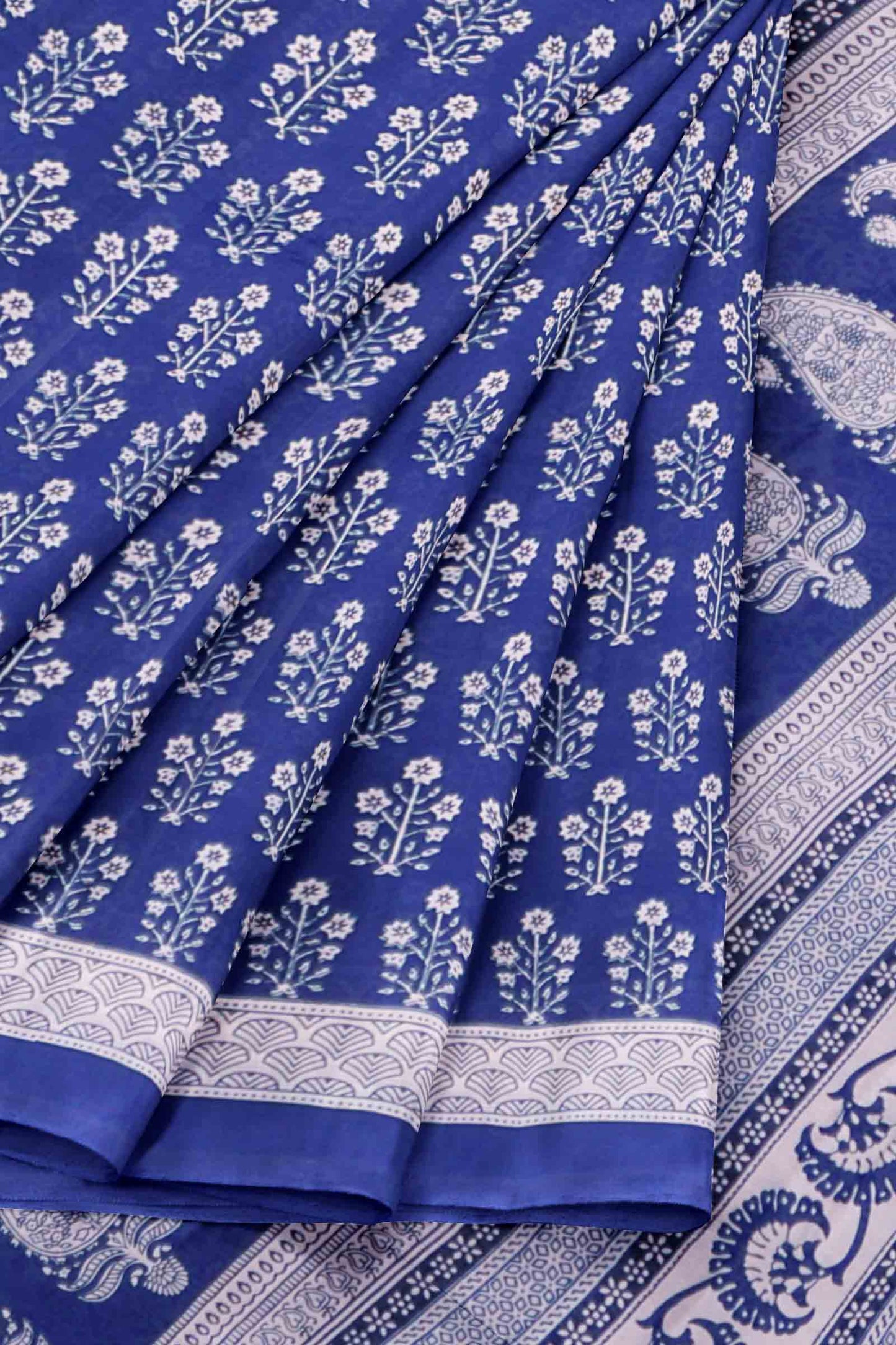Midnight Blue Floral Print Jaipur Cotton Saree