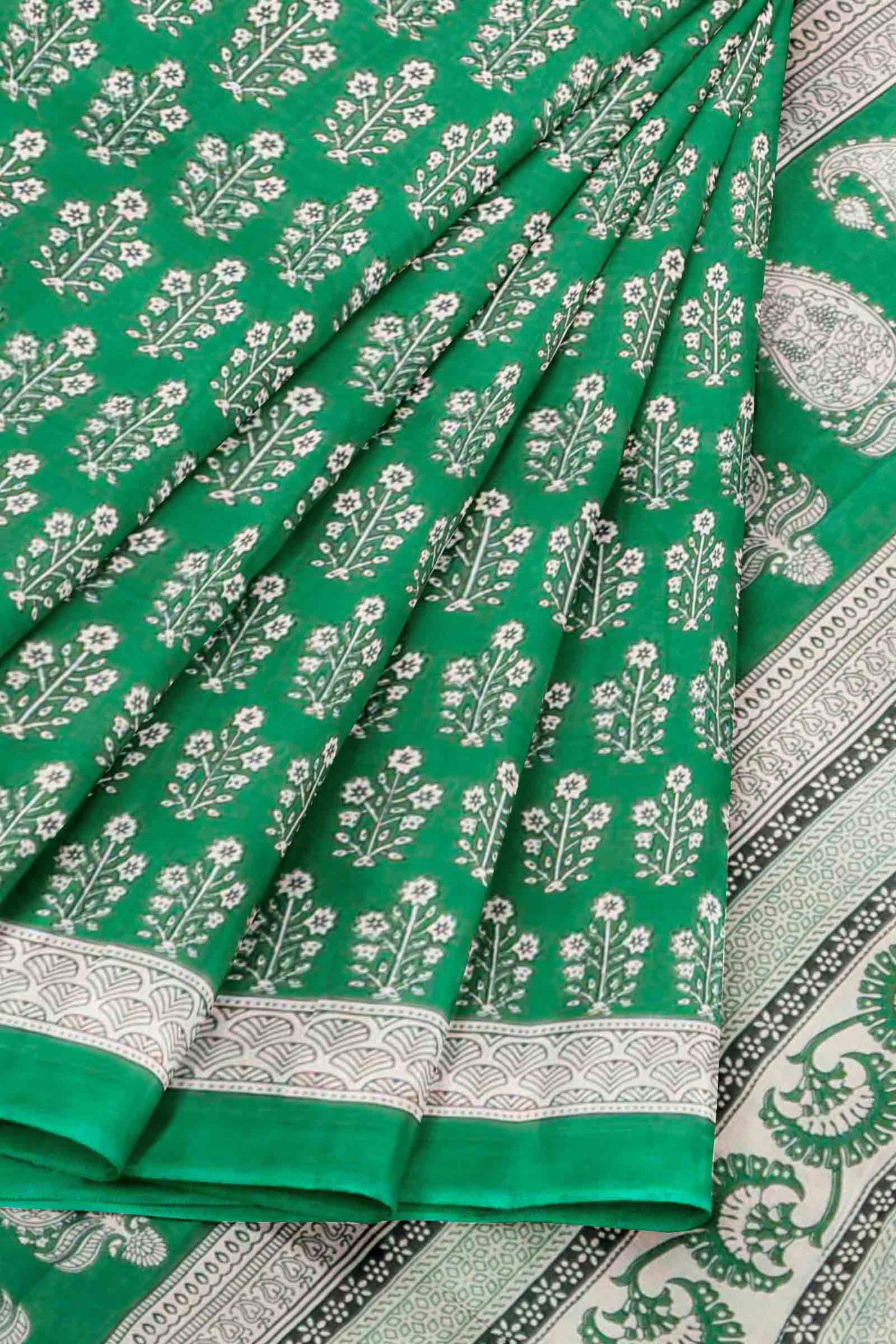 Parrot Green Jaipur Cotton Floral Hand Block Print Saree