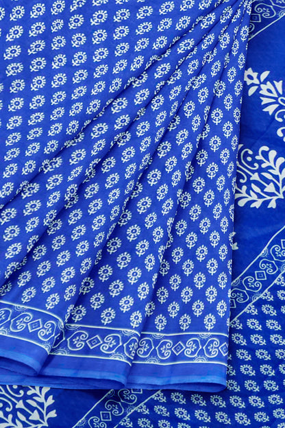 Blue Floral Butta Designs Print Jaipur Cotton Saree