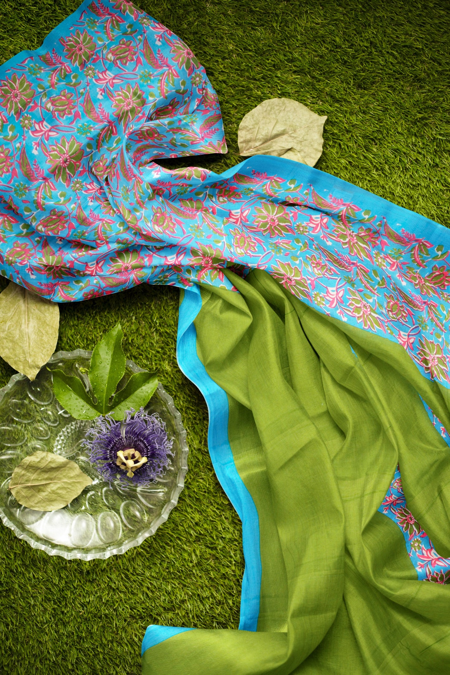 Green Garden Print Blue Border Jaipur Cotton Saree