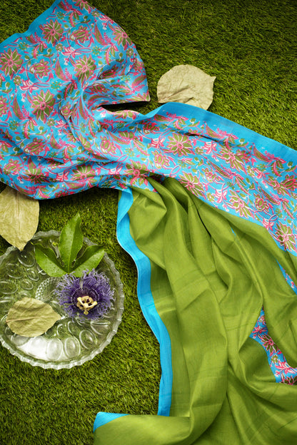 Green Garden Print Blue Border Jaipur Cotton Saree