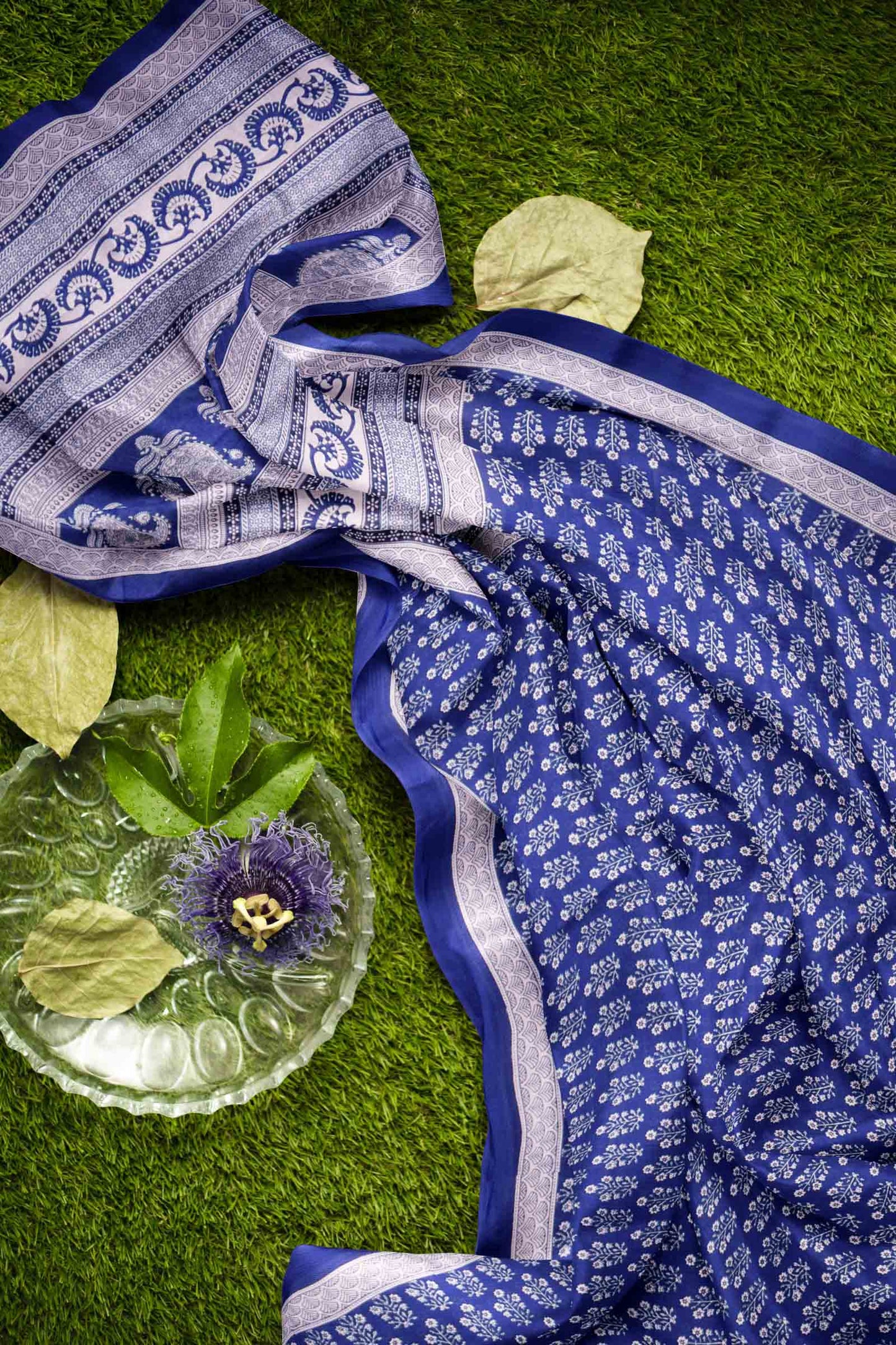 Midnight Blue Floral Print Jaipur Cotton Saree