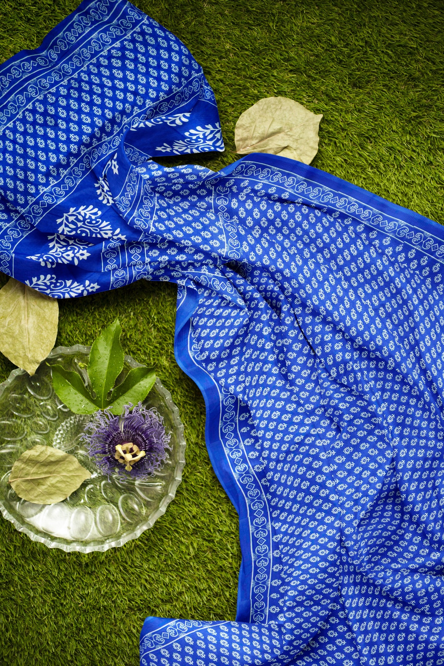 Blue Floral Butta Designs Print Jaipur Cotton Saree