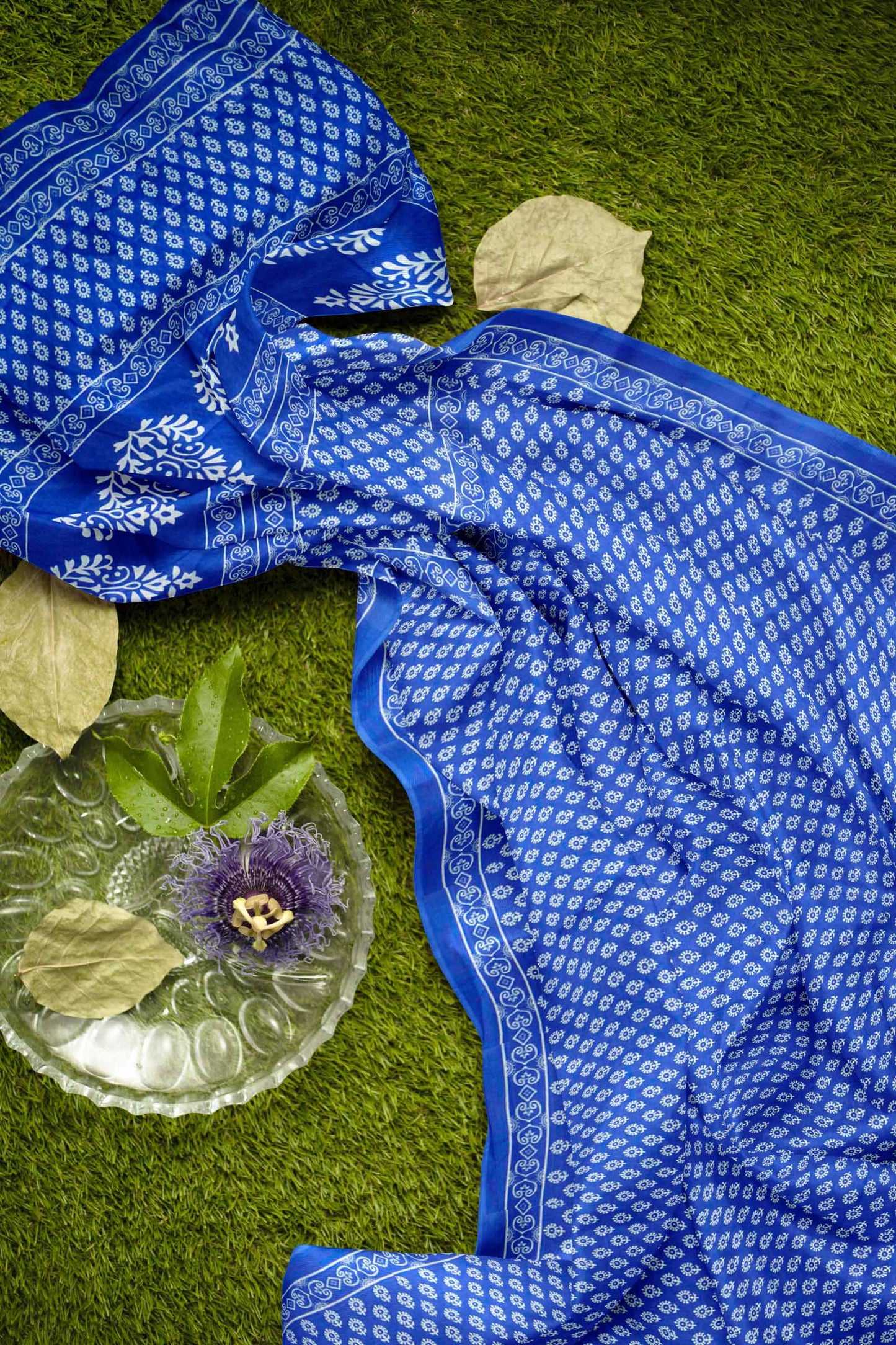 Blue Floral Butta Designs Print Jaipur Cotton Saree