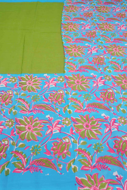 Green Garden Print Blue Border Jaipur Cotton Saree