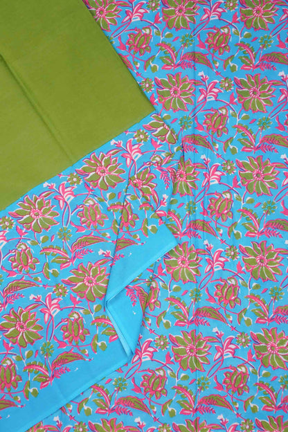 Green Garden Print Blue Border Jaipur Cotton Saree