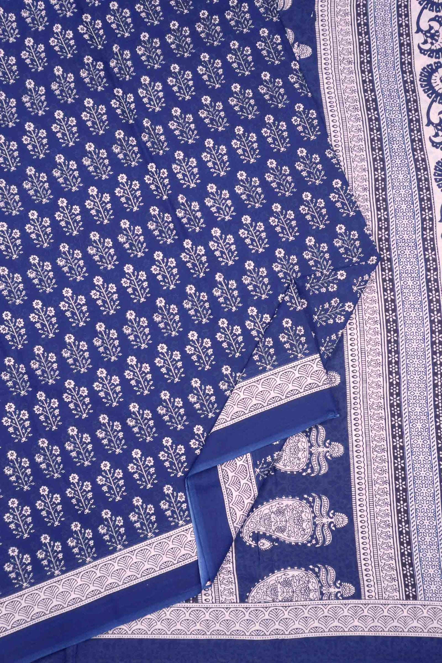 Midnight Blue Floral Print Jaipur Cotton Saree