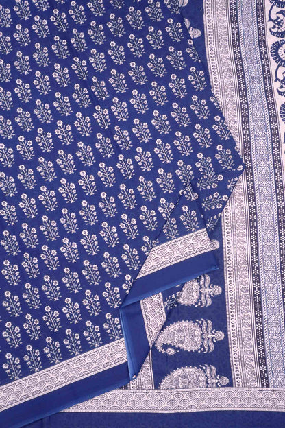Midnight Blue Floral Print Jaipur Cotton Saree
