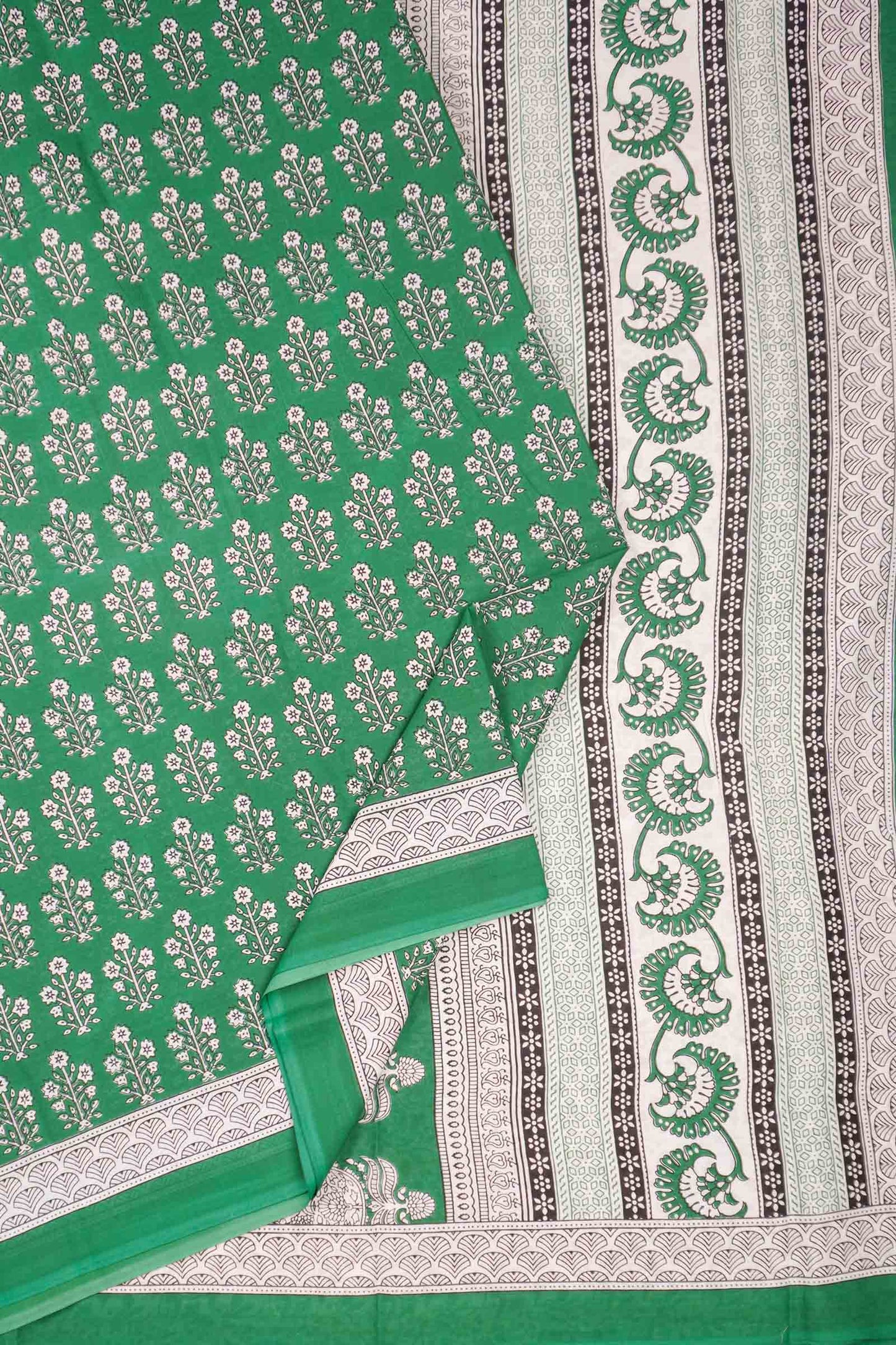 Parrot Green Jaipur Cotton Floral Hand Block Print Saree