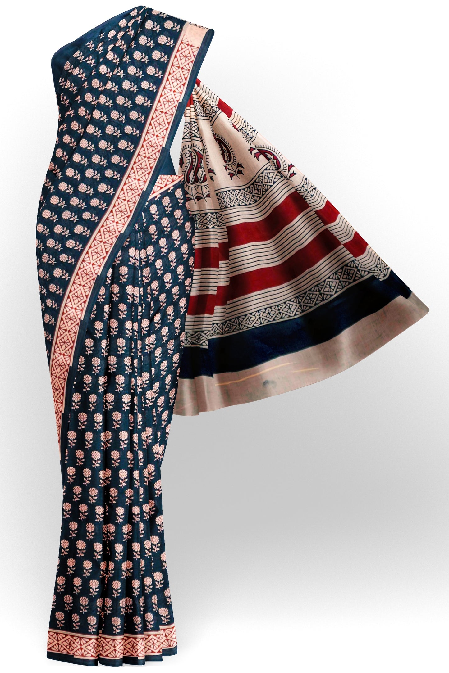 Black Jaipur Cotton Floral Hand Block Print Cotton Saree