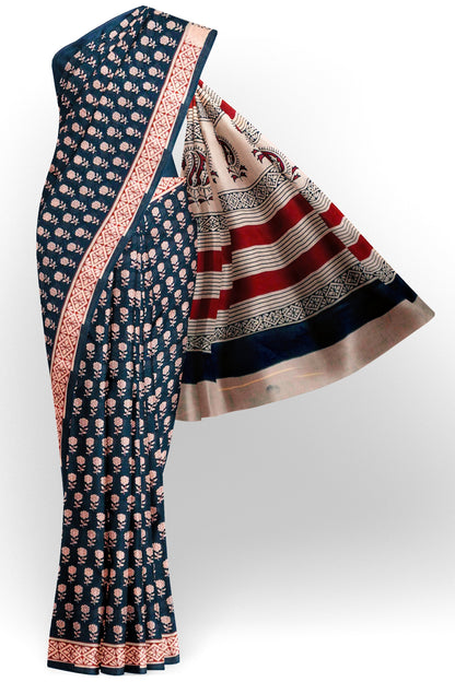 Black Jaipur Cotton Floral Hand Block Print Cotton Saree