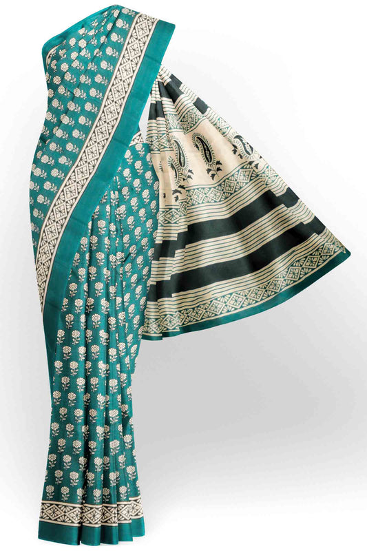 Teal Blue aipur Cotton Hand Block Buttas Saree