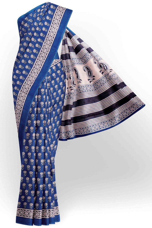 Blue Jaipur Cotton Hand Block Buttas Saree