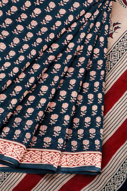 Black Jaipur Cotton Floral Hand Block Print Cotton Saree