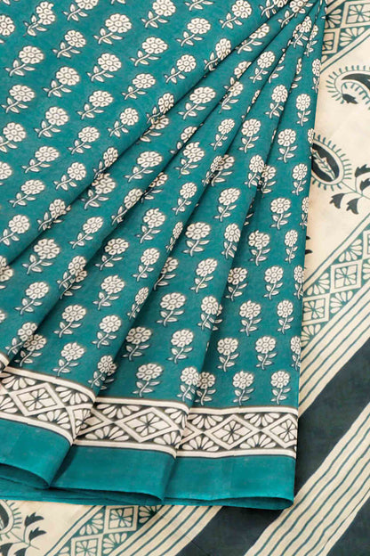 Teal Blue aipur Cotton Hand Block Buttas Saree