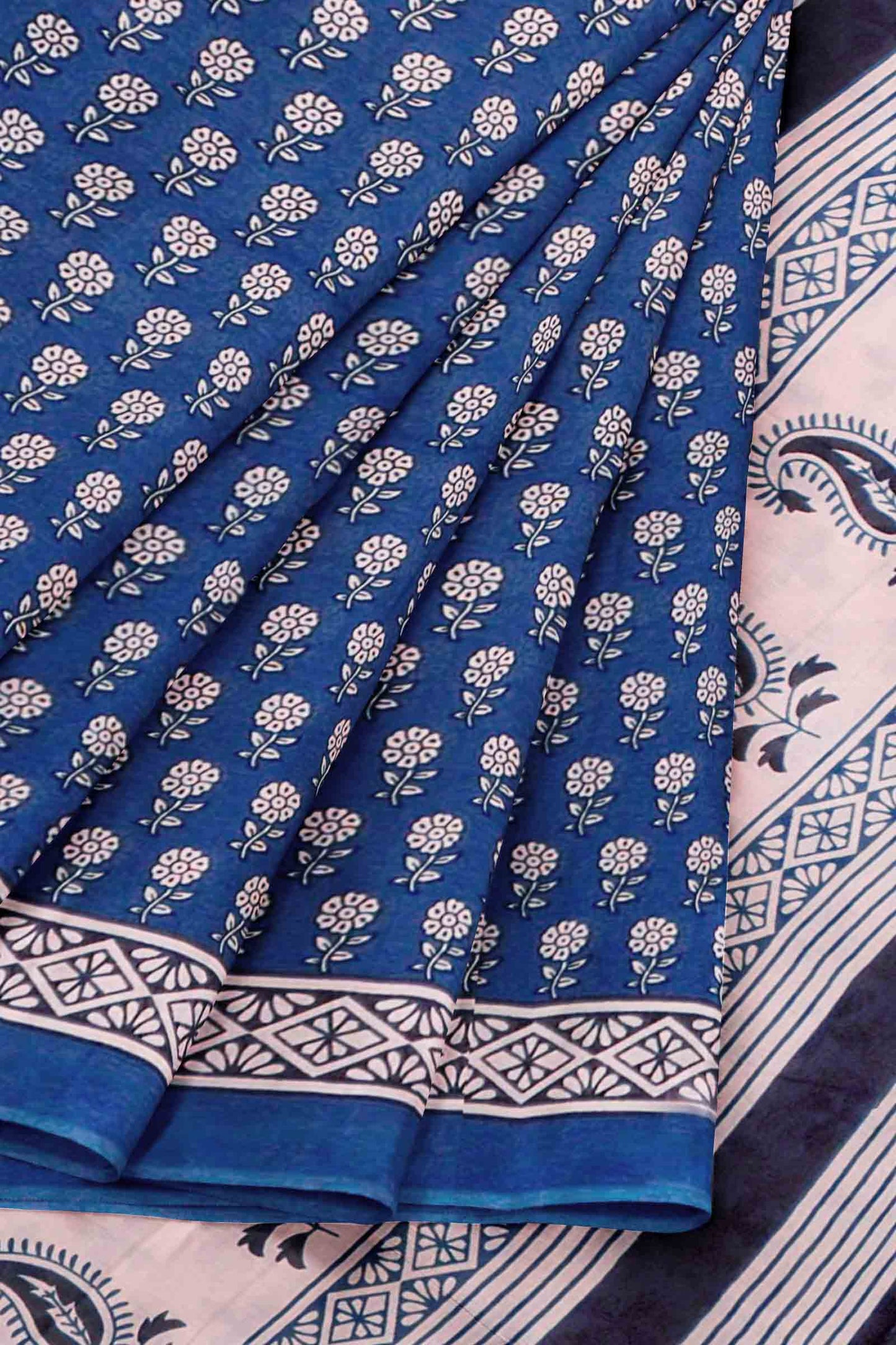 Blue Jaipur Cotton Hand Block Buttas Saree