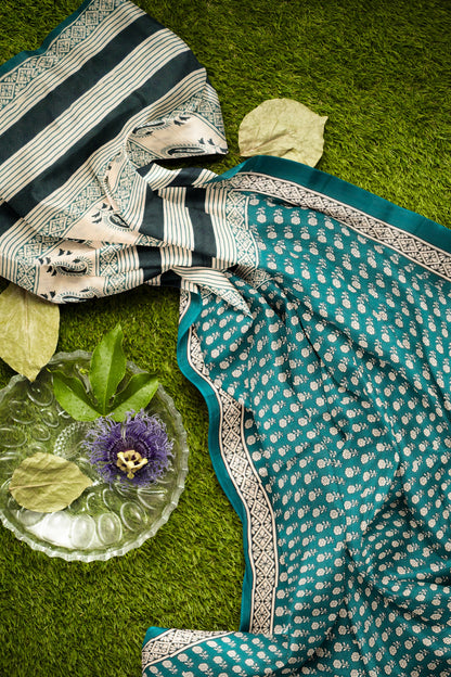 Teal Blue aipur Cotton Hand Block Buttas Saree