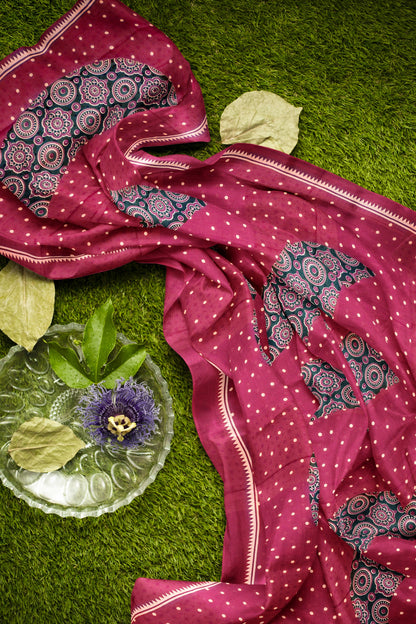 Maroon Jaipur cotton Ajrakh Inspried Prints Saree
