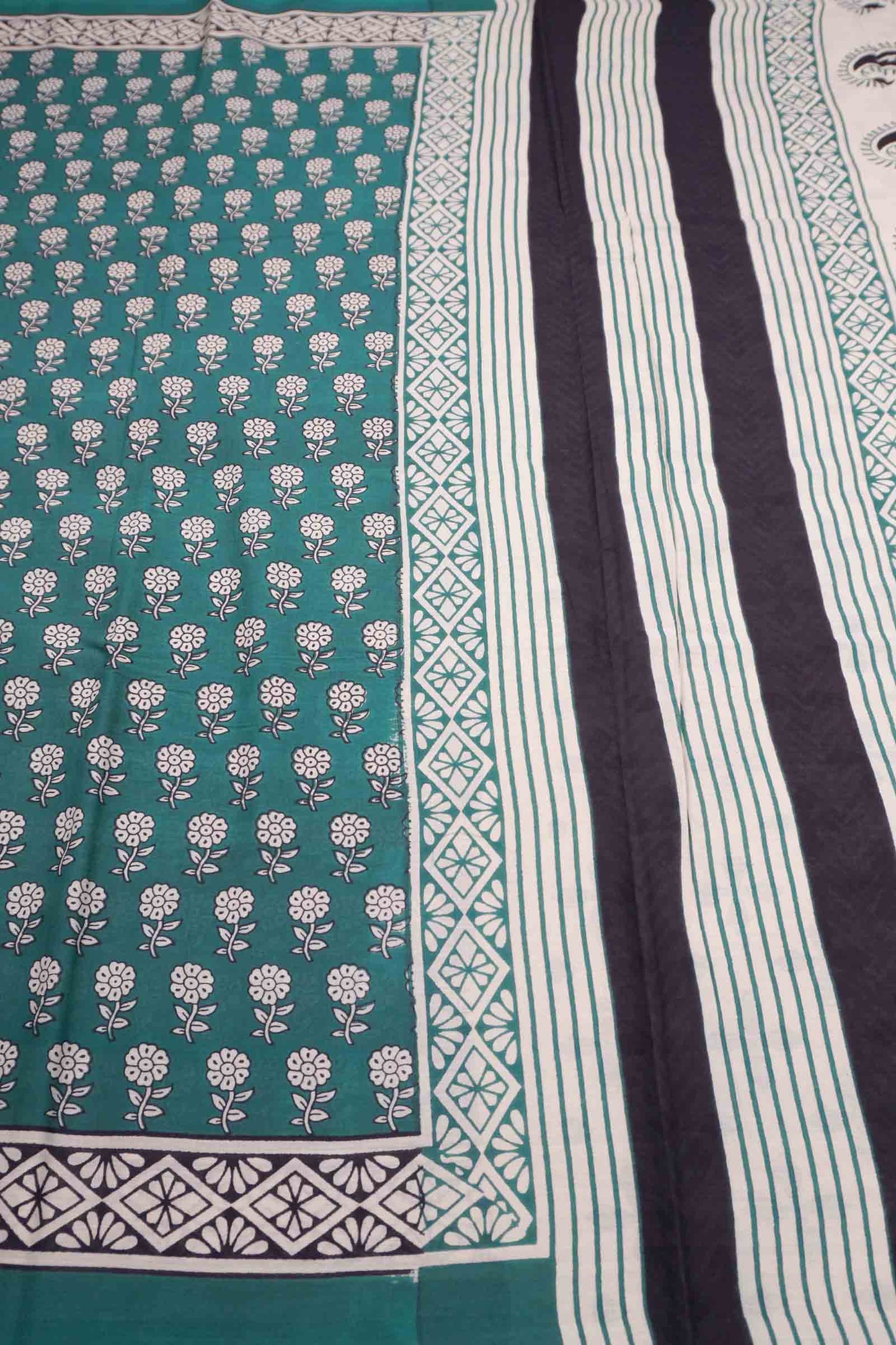 Teal Blue aipur Cotton Hand Block Buttas Saree