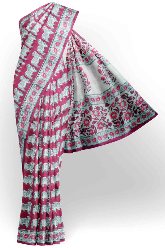 Berru Red Jaipur Cotton Royal Cow Hand Block Print Saree
