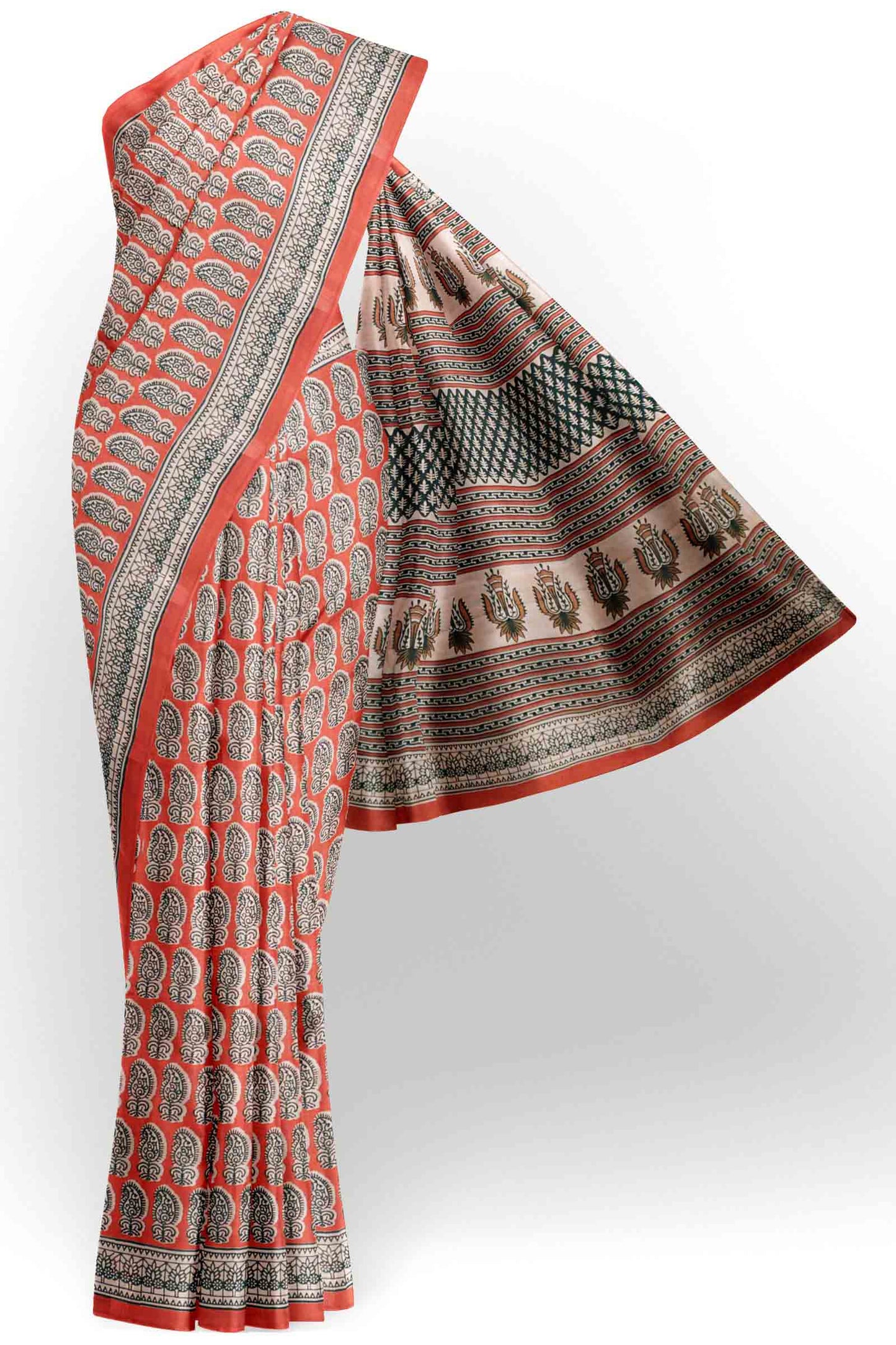 Flaming Red Jaipur Cotton Floral Hand Block Print Saree