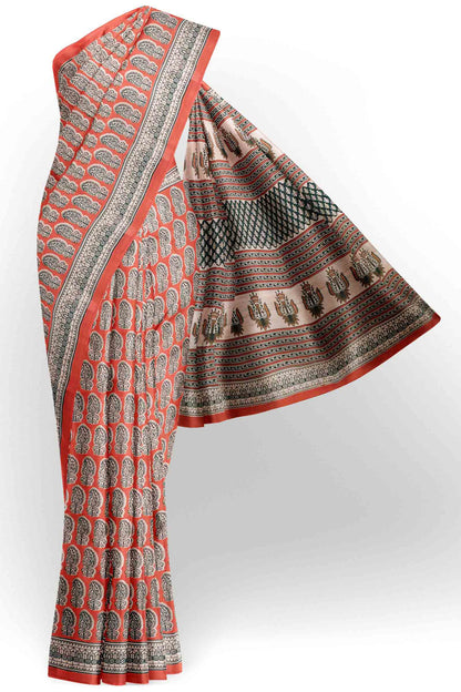 Flaming Red Jaipur Cotton Floral Hand Block Print Saree