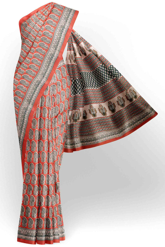 Flaming Red Jaipur Cotton Floral Hand Block Print Saree