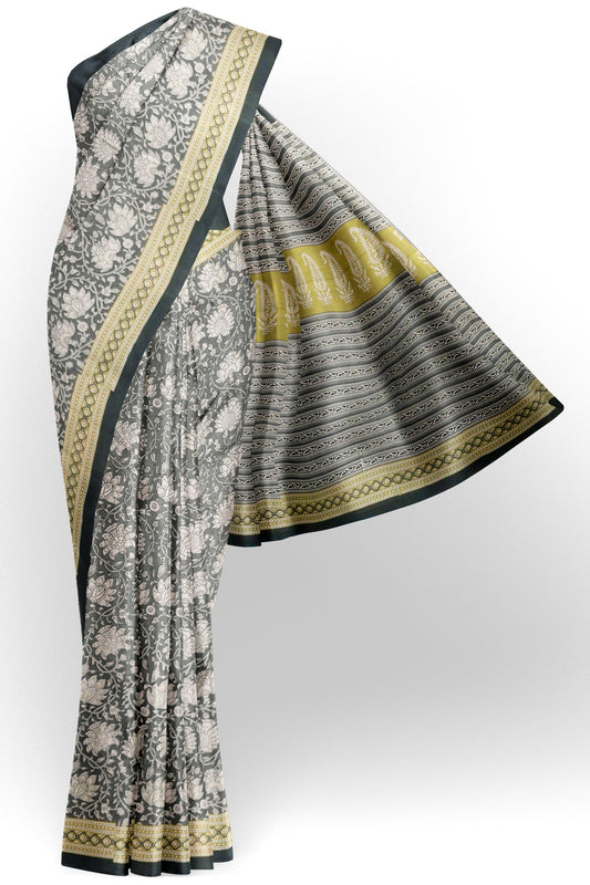 Grey Jaipur Cotton Floral Hand Block Print Saree
