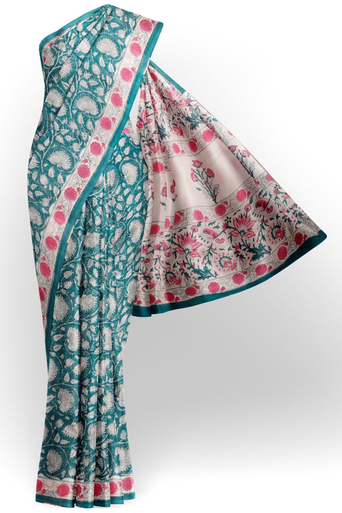 Sea Green  Jaipur Cotton Floral Hand Block Print Saree