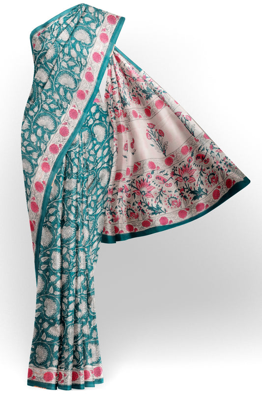 Sea Green  Jaipur Cotton Floral Hand Block Print Saree
